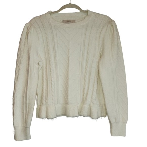 Loft White Bobble-Knit  Sweater Ruffle Hem & Puff Shoulders Size L Minimalist - Picture 11 of 11